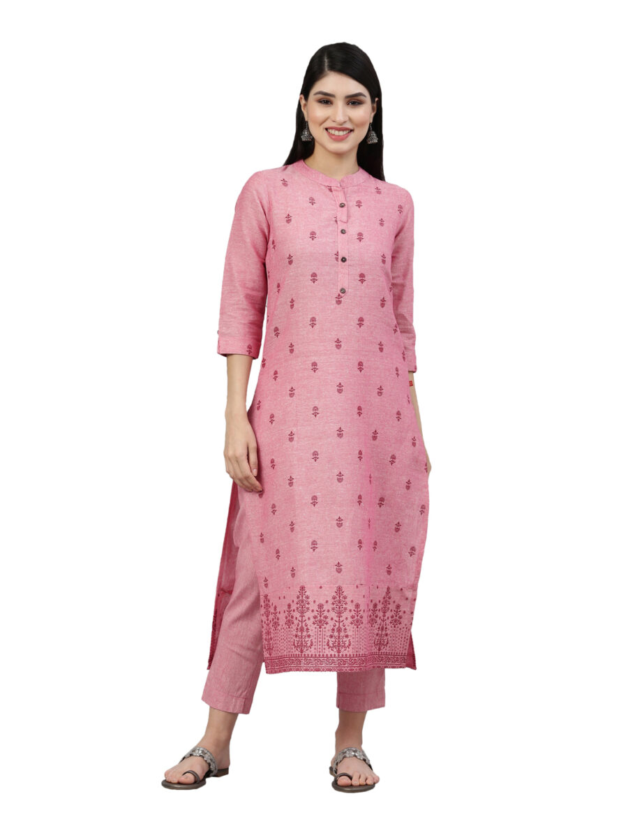 Marcia Pink Printed Cotton Straight Kurta Set