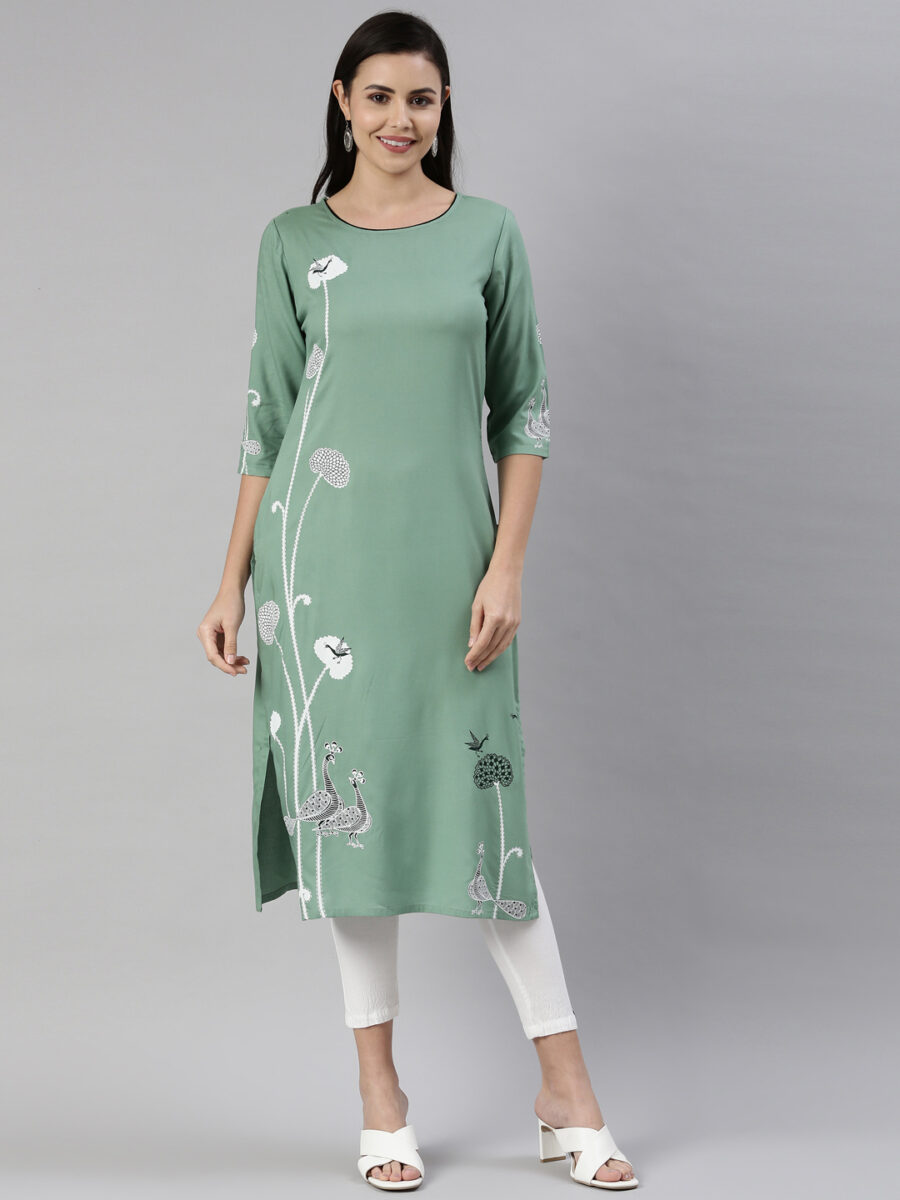 Marcia Green Printed Rayon Straight Long Kurta