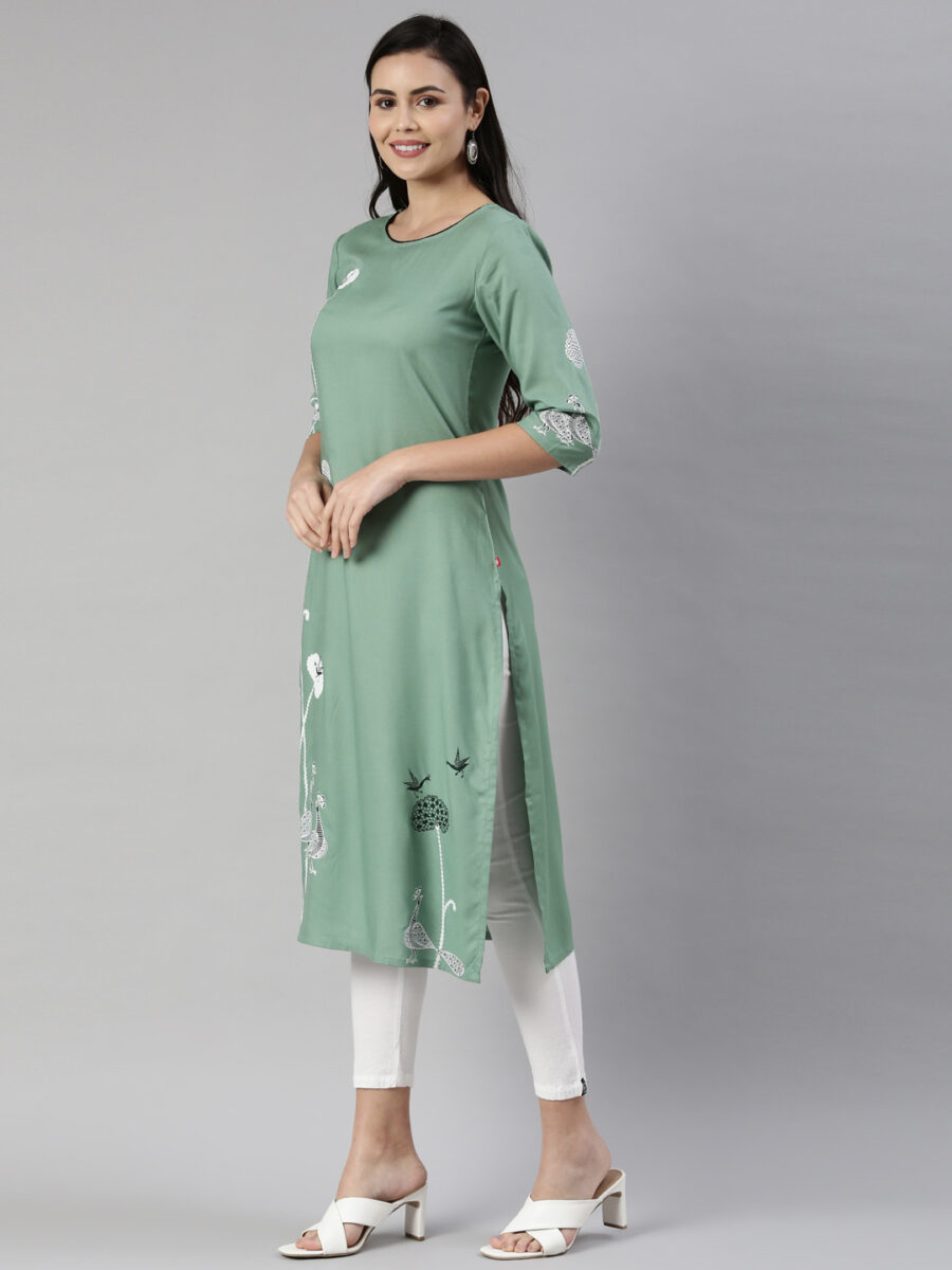 Marcia Green Printed Rayon Straight Long Kurta - Image 3