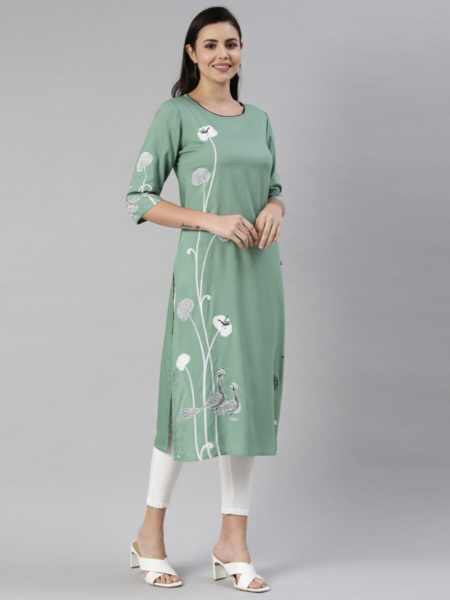 Marcia Green Printed Rayon Straight Long Kurta - Image 4