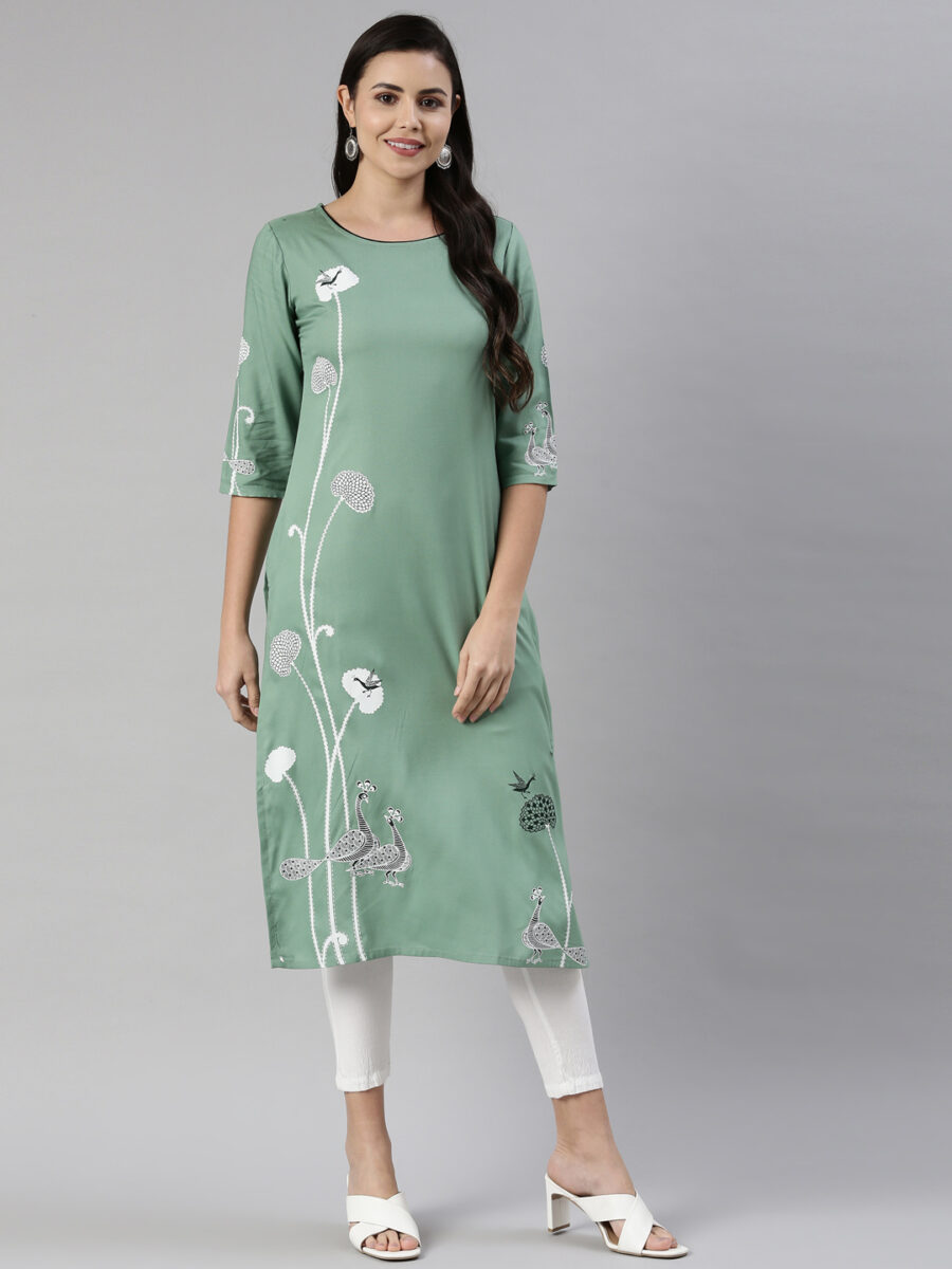 Marcia Green Printed Rayon Straight Long Kurta - Image 6