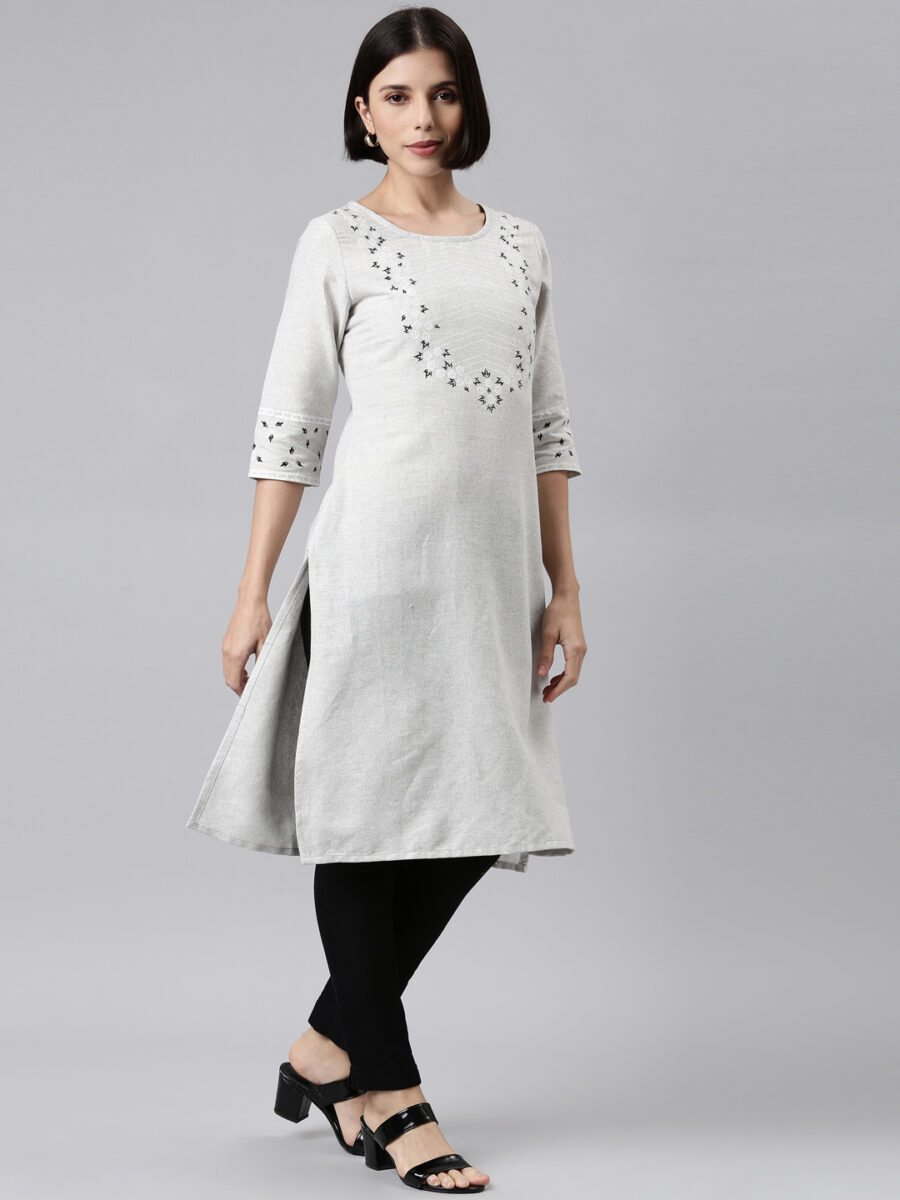 Marcia Grey Printed Cotton Straight Kurta - Image 4