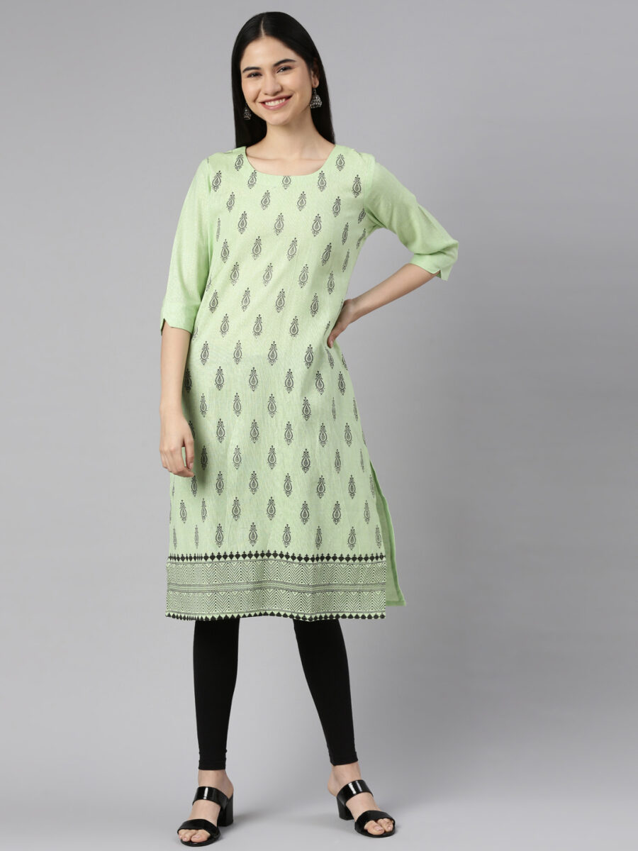 Marcia Green Printed Cotton Straight Long Kurta