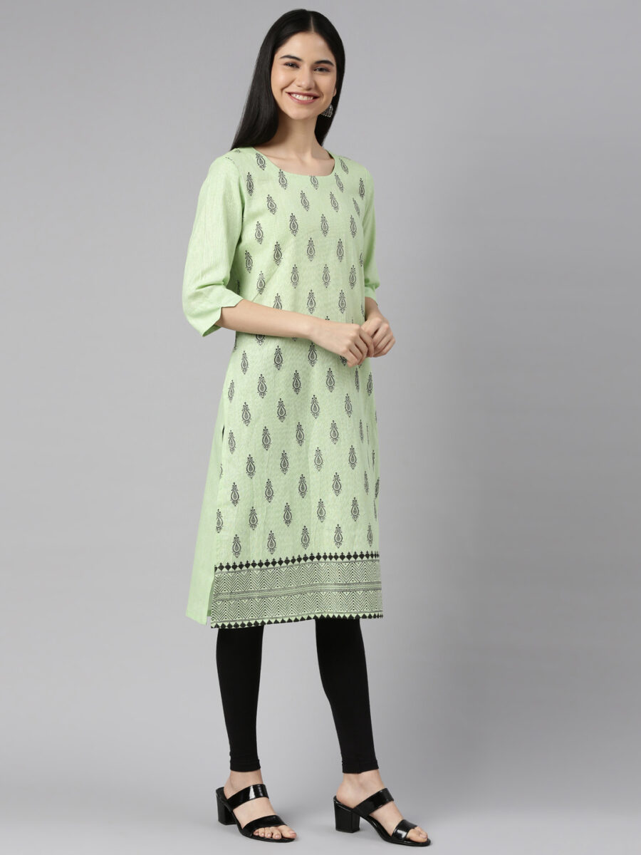 Marcia Green Printed Cotton Straight Long Kurta - Image 4