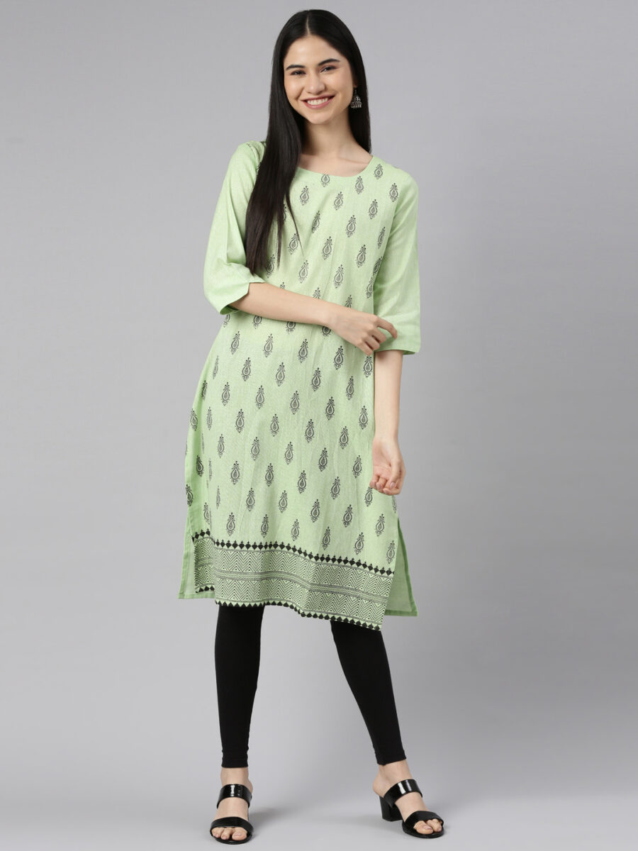 Marcia Green Printed Cotton Straight Long Kurta - Image 6