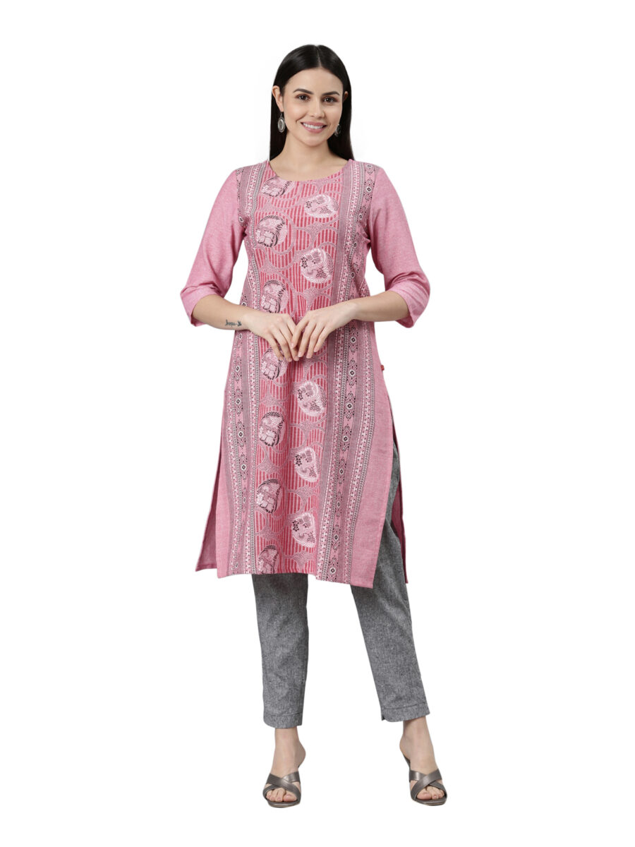 Marcia Pink Printed Cotton Straight Long Kurta - Image 7