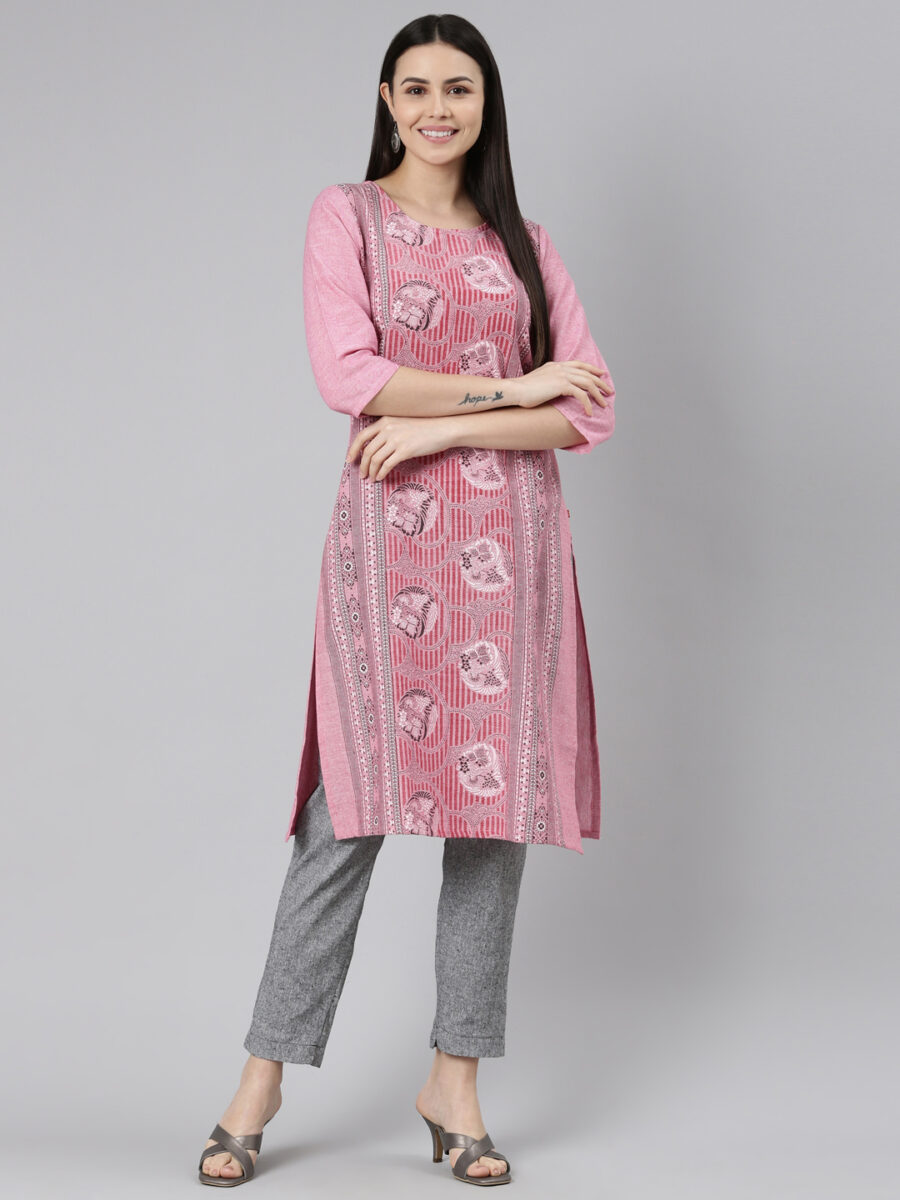 Marcia Pink Printed Cotton Straight Long Kurta - Image 5