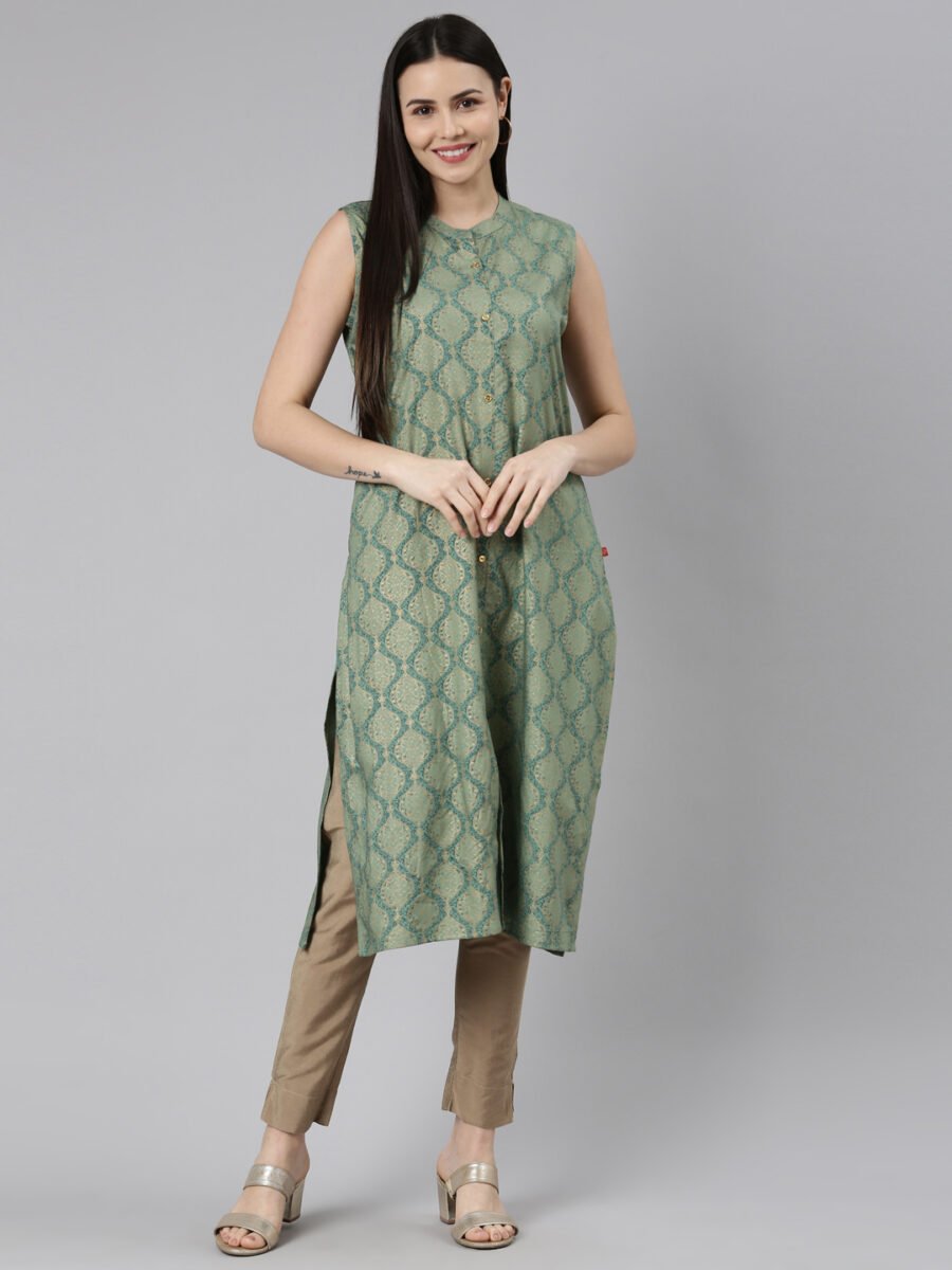 Marcia Green Printed Rayon Straight Long Kurta - Image 5