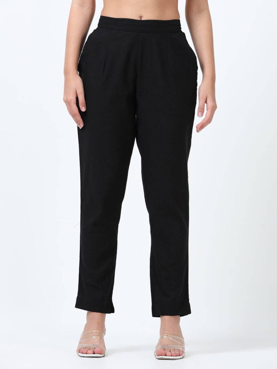 Marcia Black Solid Cotton Regular Trousers