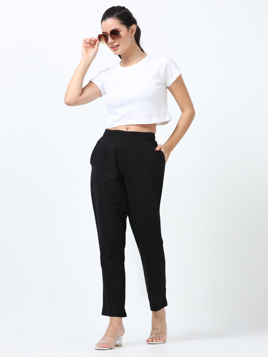 Marcia Black Solid Cotton Regular Trousers - Image 7